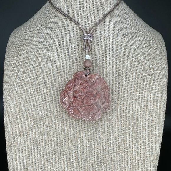 Pink Coral Fossil Sleeping Nine Tail Fox Pendant Necklace; Adjustable Rope - Picture 4 of 16